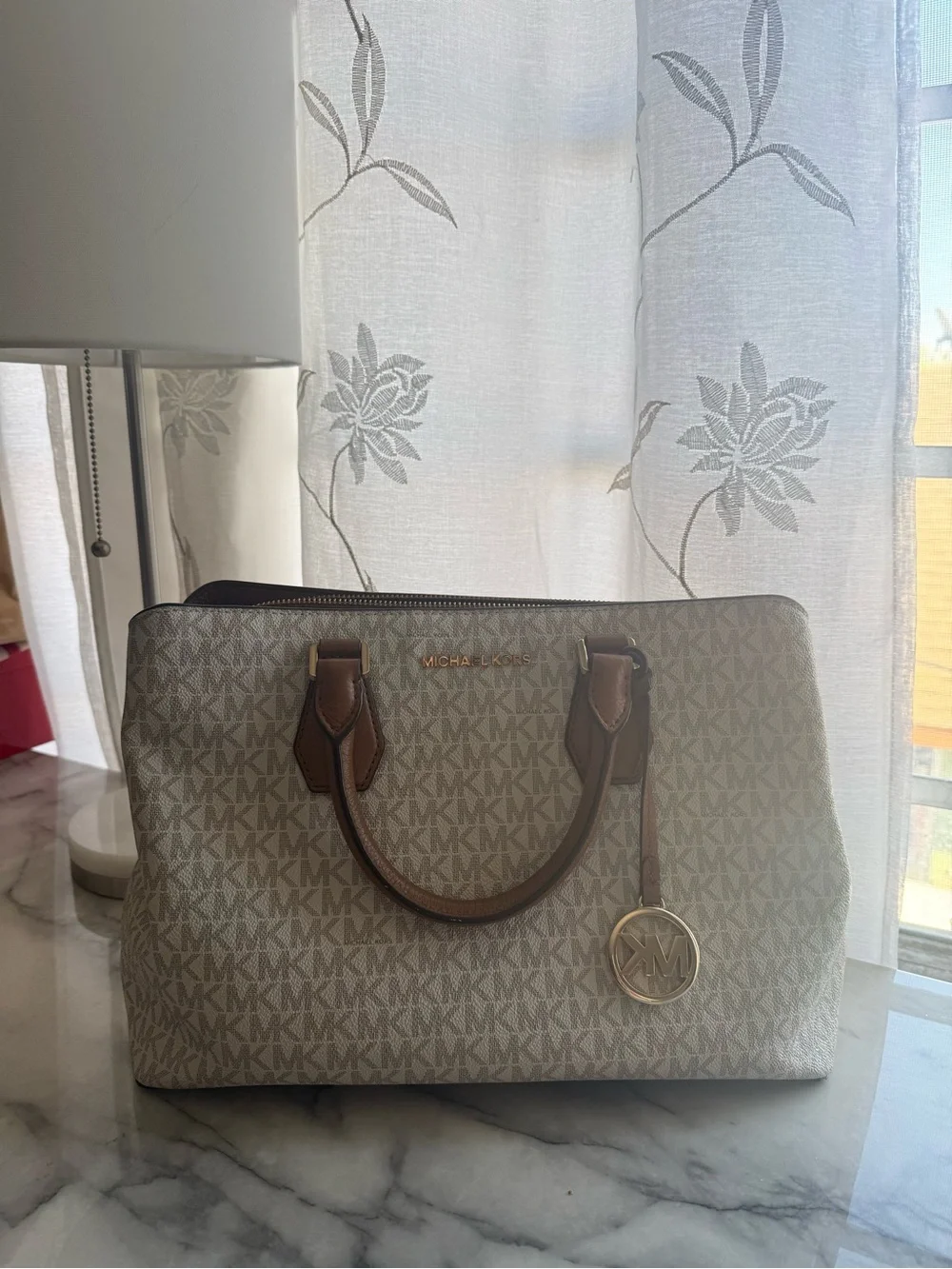 Michael Kors Beige MK Signature Satchel with Brown Trim and Gold Hardware